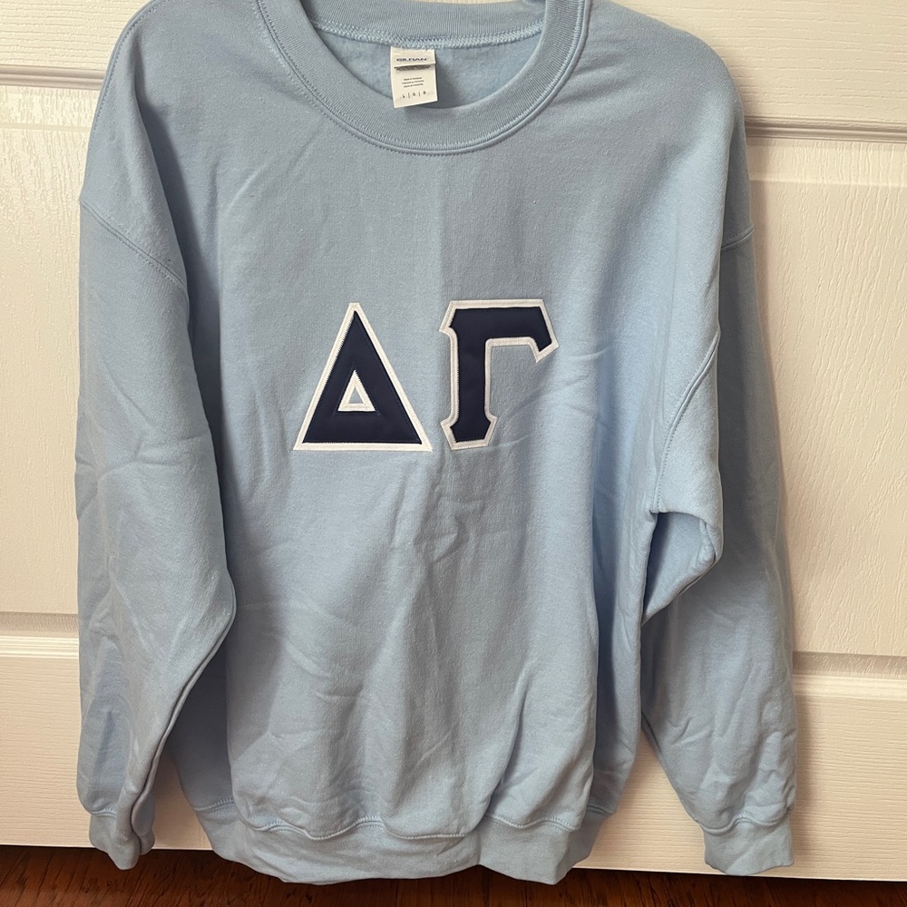 Delta Gamma, light blue, dark blue letters, size large